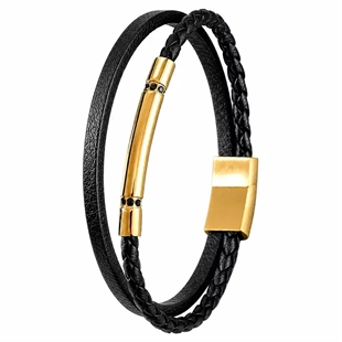 Atlas – Herrearmband i svart skinn og forgylt stål
