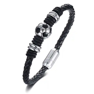 Fotballarmbånd i svart lær med rustfri stålkule – herresmykke til fotballfans