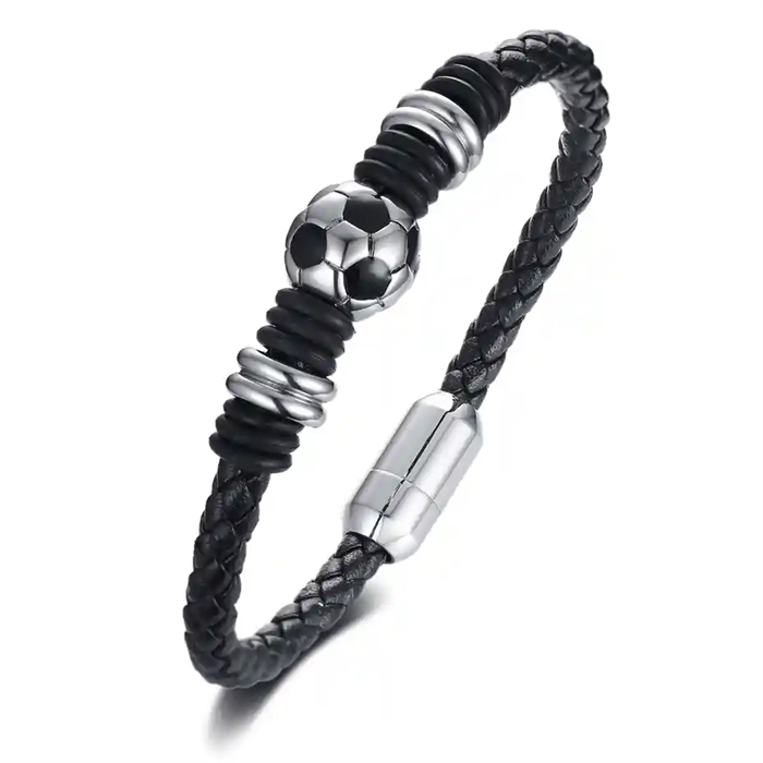 Fotballarmbånd i svart lær med rustfri stålkule – herresmykke til fotballfans