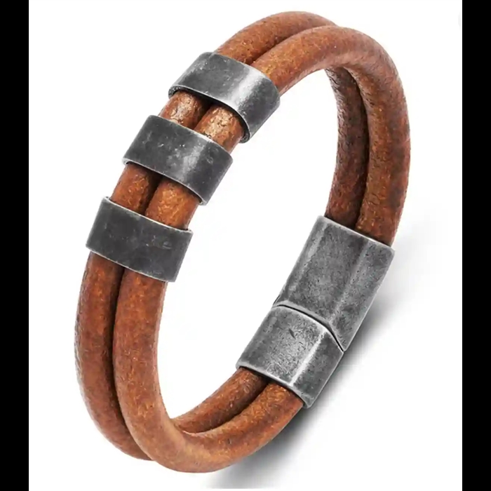 Brunt herrearmbånd i fiberlær med vintage stål og magnetlås – 6 mm remmer