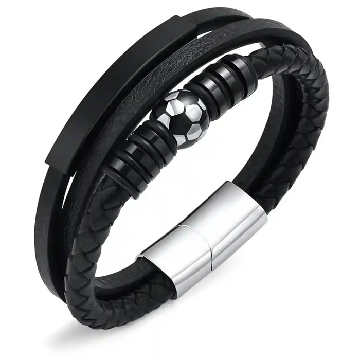 Sort fotballarmbånd i ekte lær og rustfritt stål – herresmykke med sporty design