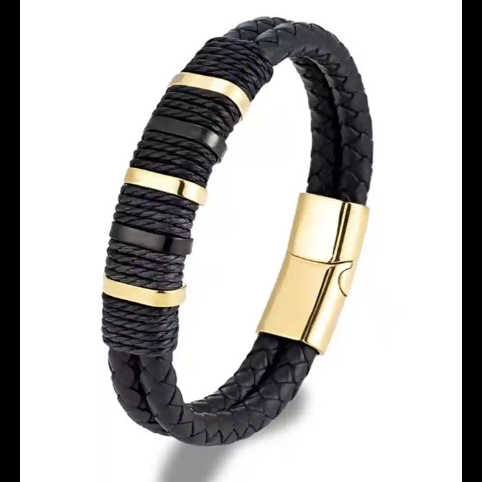 Herrearmbånd i svart bololær med forgylt stål og magnetlås