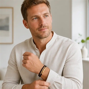 Atlas – Herrearmband i svart skinn og forgylt stål