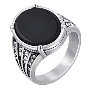 Herrering i rustfritt stål med svart agatstein og detaljerte stålsider – Black Agate Power Ring.