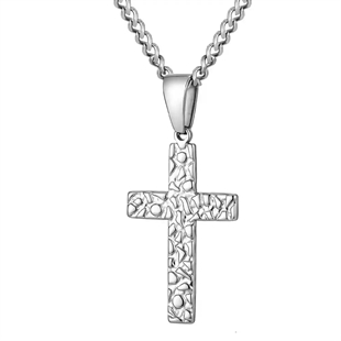 Herrekjede i rustfritt stål med hammered korsvedheng – Hammered Steel Cross.