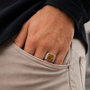 Tigerauge herre ring i matt rustfritt stål – firkanta signet ring