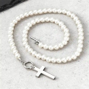 Perlekjede til menn med hvite perler og korsanheng