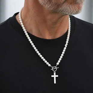 Pearl Cross Necklace – Perlekjede til Menn i Rustfritt Stål