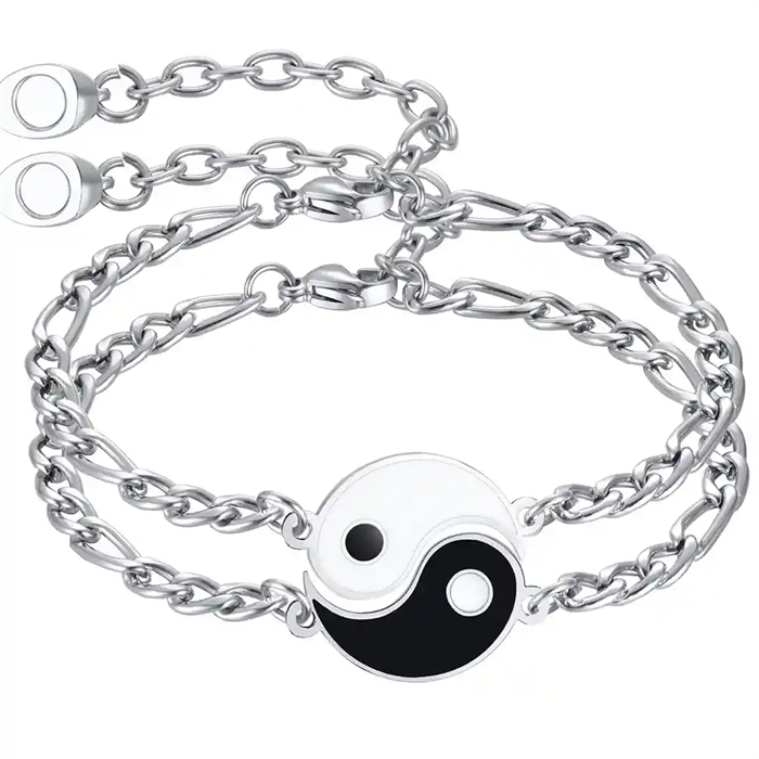 Yin and Yang pararmbånd i rustfritt stål.