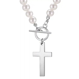 Perlekjede til menn med hvite perler og korsanheng