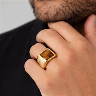 Tigerauge herre ring i forgylt rustfritt stål – firkanta signettring