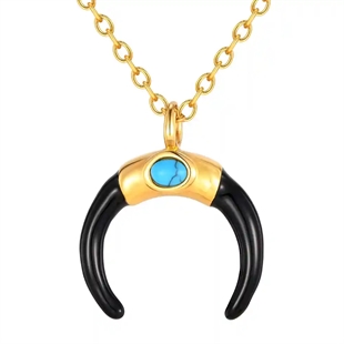 Golden Horn halskjede til menn i forgylt stål med turkis stein og svart horn – marjoe.no